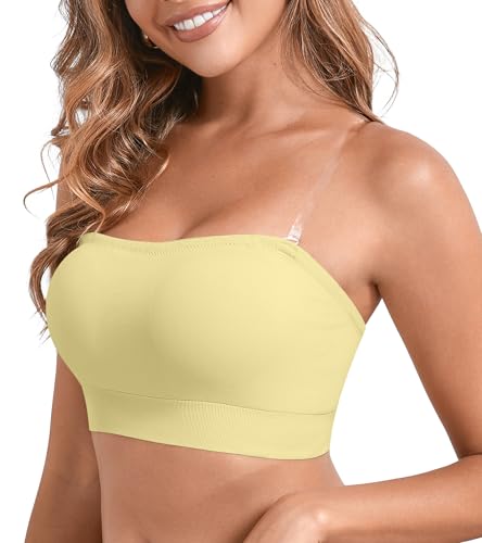 Image of DEANGELMON Strapless Bras for Women Wireless Push Up Non-Slip Bandeau Bra Seamless Clear Straps TubeTop Padded Bralette