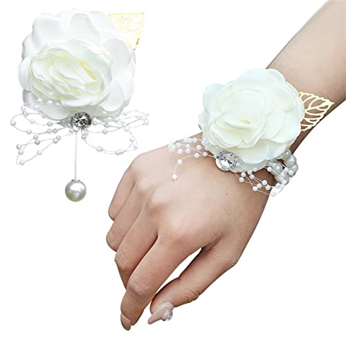 TSKDKIT 2PCS White Corsage for Wedding and Prom Rose Wrist Corsage Bracelet with Pearl Wrist Band Ribbon Flower Wrist Corsages and Boutonnière Set for Men Women Girls Bridal Bridesmaid etc