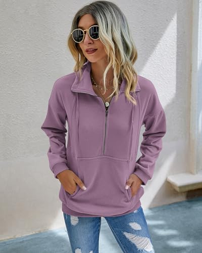 Image of PRETTYGARDEN Women's Casual Long Sleeve Zipper Sweatshirt Drawstring Loose Quarter Zip Pullover Tops with Pockets