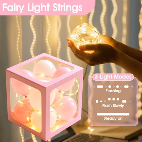 Image of Ledido Baby Boxes with Letters for Baby Shower Decoration, 4 pcs Clear Baby Balloon Boxes Blocks with LED Fairy String Lights 38 Balloons for Boy Girl Gender Reveal Birthday Party (Pink)