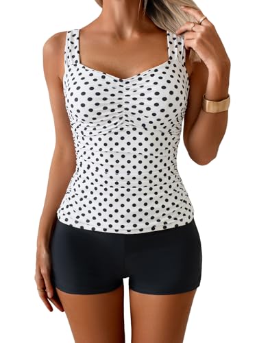 Image of B2prity Women's Tankini Swimsuit Tummy Control Ruched Two Piece Bathing Suit Push Up Modest Swim Suits with Shorts