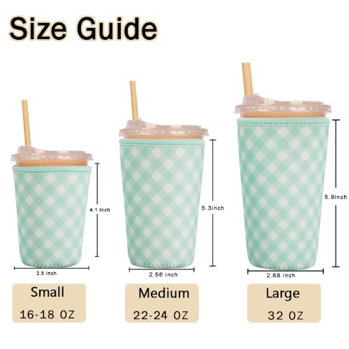 Image of Reusable Insulated Sleeve for Iced Coffee Cup, Coffee Neoprene Sleeve for Cold & Hot Drinks, Beverage Holder for Iced Coffee (Sage Gingham, Small: 16-18oz)