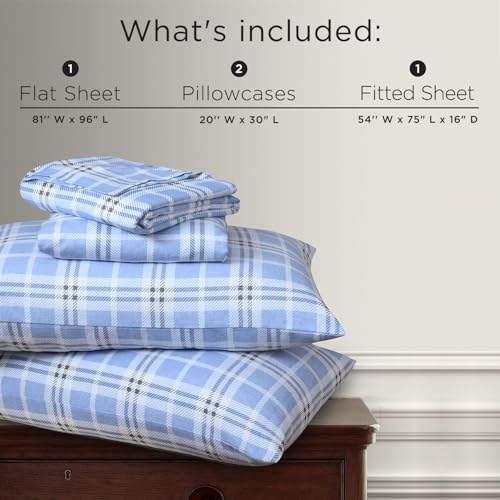 Image of Briarwood Home Printed Flannel Sheet Set, 100% Natural Cotton, Soft, Warm & Deep Pocket, Advanced Nano-Tech Making it Resistance to Pilling; Brushed 6 Times for Softness (Blue Plaid, Full)