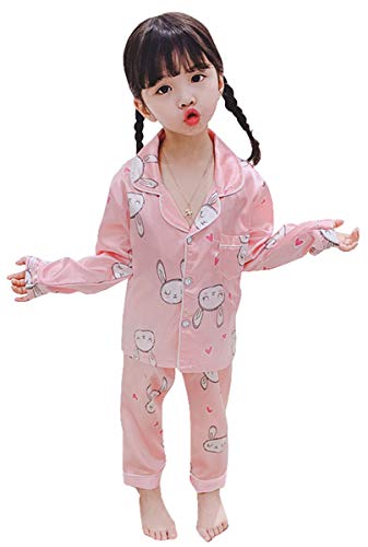 Girls Pajamas Set, Long Sleeve Rabbit Print Pattern Loungewear Satin Pajamas Set Pjs 2 Piece Sleepwear for Toddlers Baby Little & Big Girls, 2# Pink Long, 18-24 Months = Tag 90
