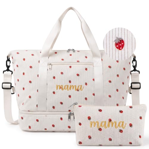 Dansydaisy Strawberry Mama Hospital Bag for Women Labor Delivery Travel Duffle Bag with Shoe Compartment Toiletry Pouch Waterproof Letter Embroidered for Pregnancy Weekender Overnight Gym Gift Beige