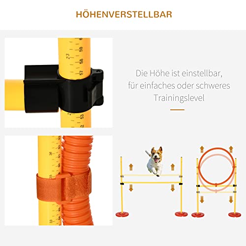 PawHut Agility Set Hunde, 4-teiliges Agility Ausrüstung mit Hundetunnel, Hürden, Slalomstangen, Springring, Aufbewahrungstasche, Höhenverstellbar Steckhürdenset Trainingsset für Hundetraining