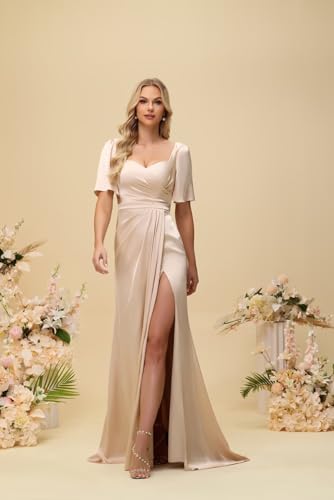 Satin Bridesmaid Dresses for Women with Slit Short Sleeves Sweetheart Pleated Long Formal Evening Dress2