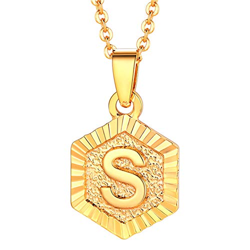 LIANTSH Inglés inicial alfabeto A-Z letras cobre chapado en oro de 18 quilates encanto geométrico hexagonal collares colgantes de la joyería de la cadena (Gold - S), Madera