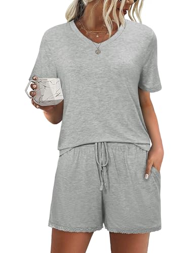 Litherday Pijama Mujer Corto Pijamas Mujer Verano de algodón Conjunto de Pijama Camisetas de Encaje y pantalón Corto con Bolsillos y cordón Suave y cómodo Gris Claro XL