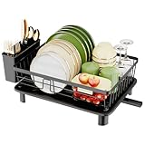 GHERISN Dish Drainer Rack with Drip Tray, Sink Dish Drainer with Drainage Spout, Stainless Steel Dish Drying Rack with Cups, Utensil & Cutting Board Holders for Kitchen Counter Space-Saving, Black