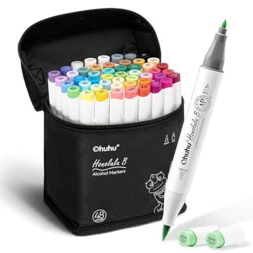 Image of Ohuhu Alcohol Markers Brush Tip -Double Tipped Art Marker Set for Artist Adults Coloring Illustration - 48 Colors -Brush & Fine -Honolulu B -Refillable, Multicolour