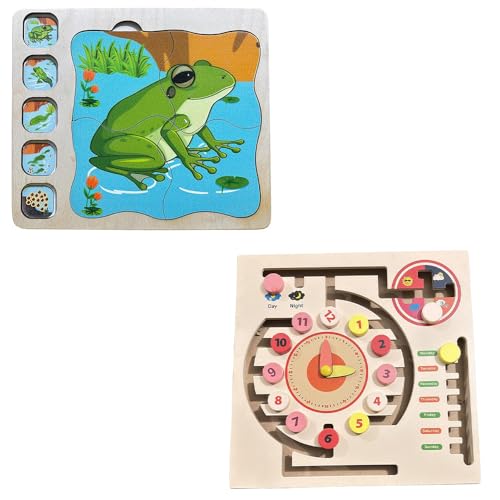 Image of Frog Life Cycle Layering Puzzle for Kids, Wooden Puzzle to Learn Frog Lifecycle, Ages 2+ | Maze Game Weather Calendar Clock -Interactive Weather & Time Learning | Combo Pack of 2