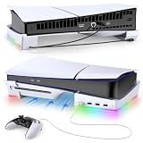 Gorixer RGB Horizontaler Ständer für PS5 Slim/Pro Konsole mit 4 USB-Hubs,Halterung Standfuß Zubehör kompatibel mit PlayStation 5 Slim/Pro Konsole,14 Lichtmodus&Schnellladeanschluss für PS5 Controller