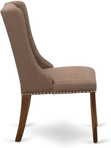 Miniatura 5 de East West Furniture FOP8T18 Forney Parson - Juego de 2 sillas acolchadas de tela de lino marrón con ribete de clavos y botones copetudos, color nogal