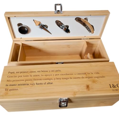 Caja de Vino Personalizada - 4 Accesorios - Estuche de Vino para Regalar - Regalo para Testigos de Boda, Jubilación, Aniversario de Boda - Caja de Madera Grabada a Láser con Texto Personalizado