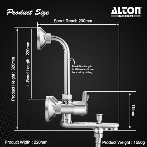 Image of ALTON XNO5090 Brass 3-IN-1 Wall Mixer With Provision For Over Head Shower and Hand Shower with190mm Long Bend Pipe (Chrome)