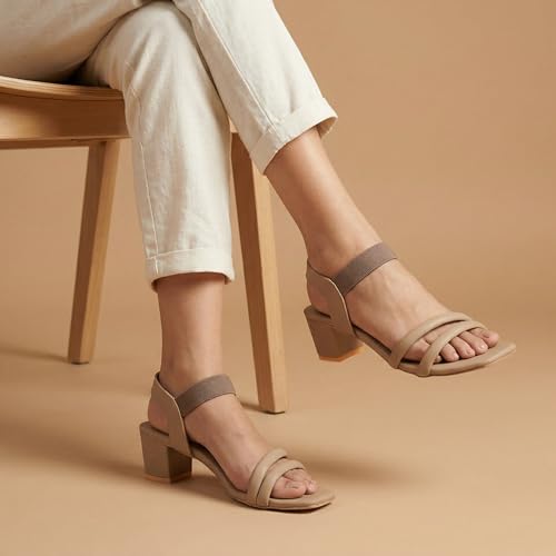 Image of SKOLL Women's Low Block Heel Strappy Sandals, Comfort Elastic Ankle Strap Open Toe Heeled Sandals, Casual Dressy Walking Sandals with Dual Front Straps