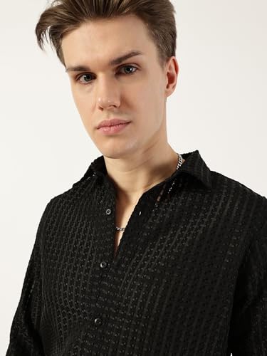 Image of Thomas Scott Men's | Solid | Textured Fabric | Full Sleeve | Slim Fit | Polyester-Blend | Spread Collar | Casual Shirt