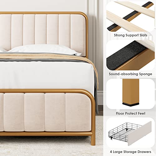 Hithos Upholstered Full Size Bed Frame With 4 Storage Drawers And Headboard, Heavy Duty Metal Mattress Foundation With Wooden Slats, Easy Assembly, No Box Spring Needed (Golden/Off White, Full) #TOP6