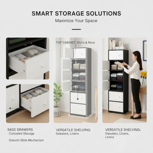 Image of EXVITO Engineered Wood Wardrobe for Bedroom | Foldable 6-Shelf Wooden Storage Cabinet | Cupboard Almirah for Clothes | Collapsible Wardrobe | Space Saving Wooden Cabinet - Black