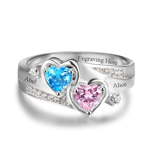 Personalized Promise Rings for Her Custom Engraved Couples Name Birthstone Rings for Women Mother Daughter Rings Engagement Wedding Birthday Gifts for Mom Wife