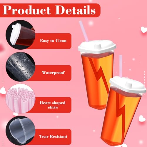 Set de 30 vasos de plástico con tapa y popote en forma de corazón miniatura 3