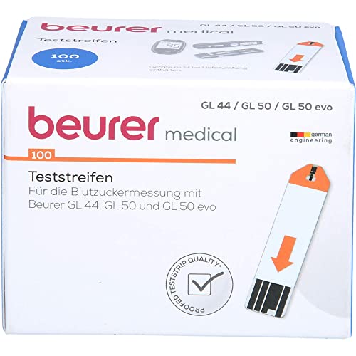 Beurer Strisce Reattive Misurazione Glicemia per GL 50, GL 50 evo, GL 44, Adatto per l’autocontrollo del tasso glicemico, Confezione da 100