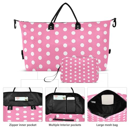 Polka Dots Pink White Travel Duffel Bag, Shoulder Weekender Overnight Bags - Large Gym Bag with Wet Pocket2