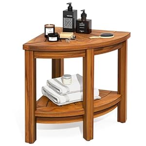 DWVO Teak Shower Bench 18″ Shower Stool Corner Bench with Storage Shelf, Corner Seat for Inside Shower, Shower Stool Seat with Non-Slip Feet for Bathroom, Living Room, Indoor and Outdoor Use