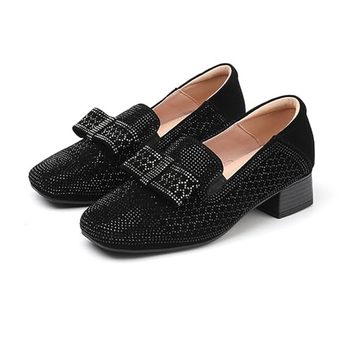 Women's Suede Rhinestone Square Toe Mid Chunky Heel Walking Loafers Casual Slip-On Bow Comfortable Low Block Heel Dress Pumps for Business Office Work Party3