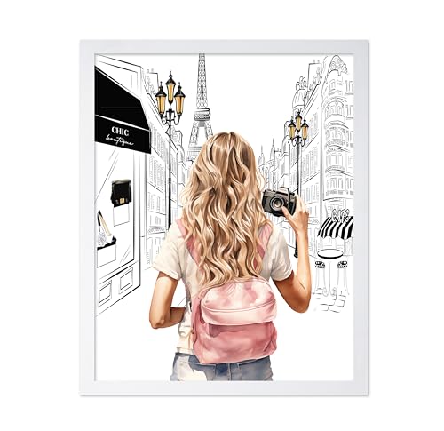 Image of Poster Master Fashion Poster - Lady With A Camera Print - Trendy Art - Paris Art - Modern Art - Gift for Women & Fashionista - Glamour Wall Decor for Bedroom or Girl's Room, 8x10 White Framed