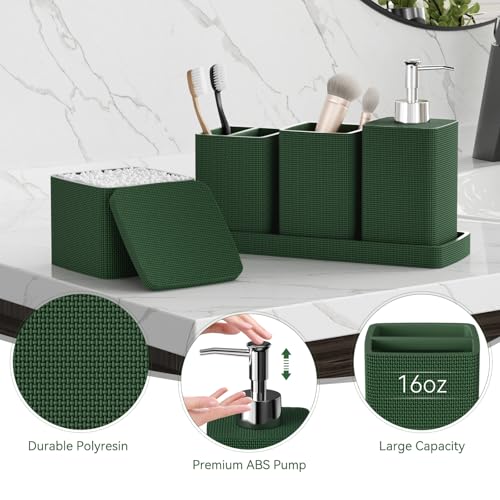 Dark Green Bathroom Accessories Set 5 Pieces, Resin Toothbrush Holders Set Complete with Soap Dispenser, Toothbrush Holder, Vanity Tray, Bathroom Tumbler and Qtip Holder for Small Spaces — view 4