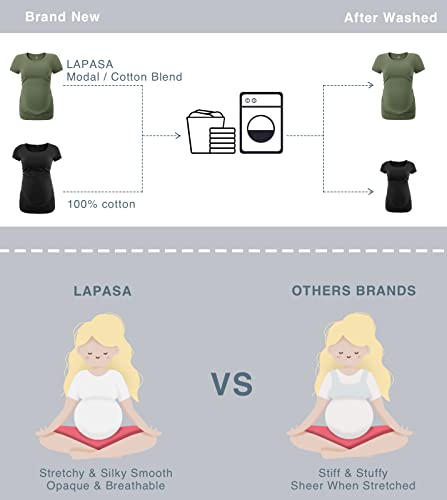 Lapasa Womens Maternity Shirts Tops Short Sleeve 3Pack Side Ruched Modal Cotton Pregnancy Tshirt Crew Neck Tees L55, Black+Heather Gray Stripe+Olive Drab 3 Pack, Large #TOP4