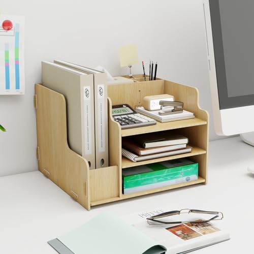 PUNCIA Organizador Escritorio Sobremesa de Madera con Revistero 3 Bandeja Escritorio con Portalápices Estante de Almacenaje Multifuncional para Material Documentos Oficina Escuela - imagen 8