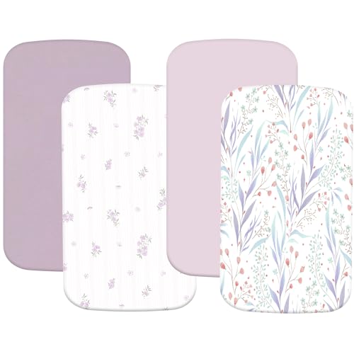 Image of 4 Pack Bassinet Sheets Compatible with 20 inch x 35 inch Newton, Jimglo 3 in 1, HARPPA and Larex 3 in 1 Baby Bassinet, Soft and Skin-Friendly, Purple Flower