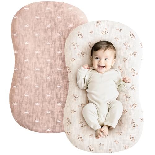 Image of Konssy Muslin Baby Lounger Cover 2 Pack, 100% Cotton Newborn Lounger Cover, Soft and Breathable Baby Nest Slipcover for Boys Girls (Pink Sun,Khaki Leaf)