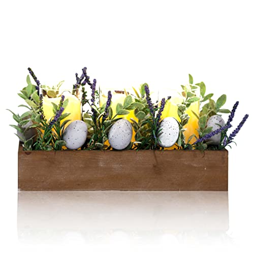 Easter Decorations 3-PC LED Candles Easter Decor Table Centerpiece with Artificial Lavender for Easter Holiday Decoration Spring Décor Artificial Plants (Natural Wood)