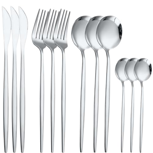 Image of 12 pcs Flatware Set, Silver Silverware Set for 3, Knife Fork Spoon, Stainless Steel Home Dinnerware Tableware,Mixed Cutlery Set Eating Utensils for Restaurants (12 Pcs Silver)