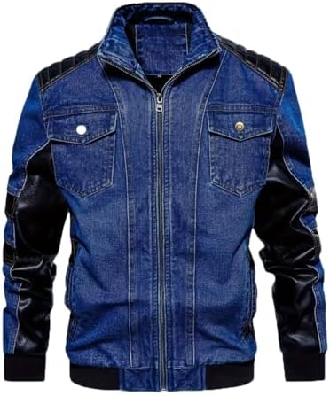 INVACHI Men’s Denim & PU Faux Leather Biker Jacket With Stand Collar Motorcycle Jean Jacket for Men