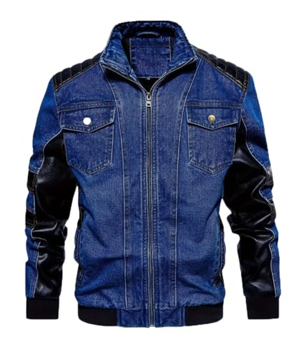 INVACHI Mens Denim Jacket Vintage Jean Trucker Jacket with Leather Patchwork Multiple Pockets