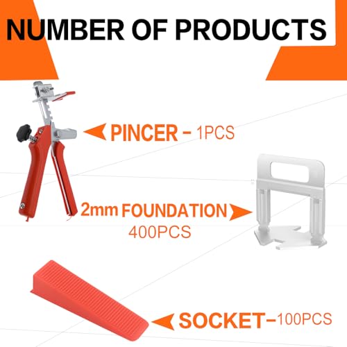 Fliesen Nivelliersystem 2mm Set - Fliesenverlegehilfe 2mm 400 Zuglaschen + 100 Fliesenkeile +1 Fliesenzange für Fugenbreite Fliesen Verlegehilfe (Fliesen nivelliersystem set 2mm)
