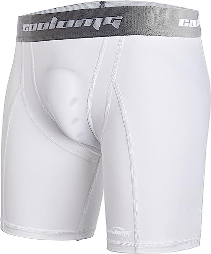 COOLOMG Men Compression Shorts with Cup Pocket Sliding Underwear for Baseball Football MMA Lacrosse Hockey White M no Cup