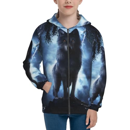 Night Scene of Wolves Kids Pullover Hoodies Boys Zip Up Sweatshirts Girls Athletic Clothes with Pocket3