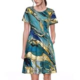 TTYDOKLA Azurit-Maxikleid mit Öl-Marmor-Muster, fließendes kurzärmeliges Maxikleid für Frühling, Ostern, Strandurlaub und Alltag, Schwarz , XXL