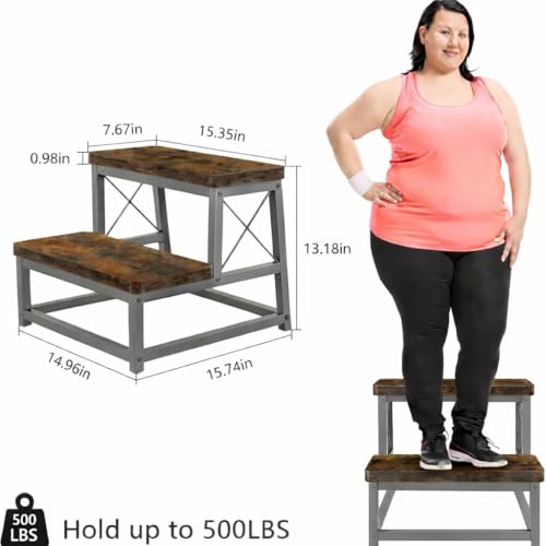 Image of 82984 Heavy Duty Wooden Step Stool for Adults, 2 Tier Heavy Duty Step Stool for High Bed with Non-Slip Feet, Using for Bedroom, Living Room, Bathroom and Kitchen (Grey)