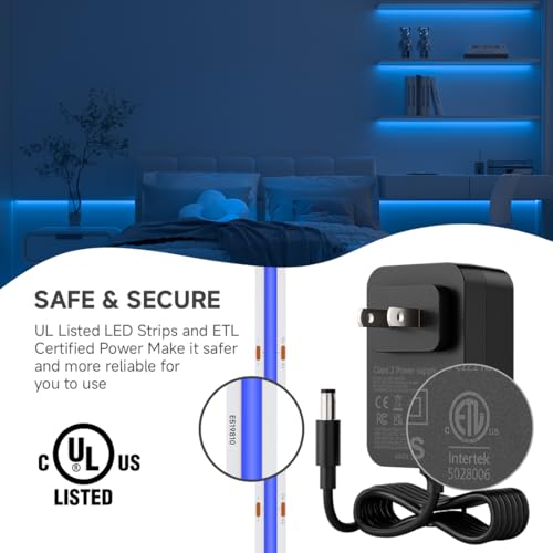 Image of BTF-LIGHTING Blue Color COB LED Strip Light, UL Listed High Density Flexible Tape Light with RF Remote & ETL Power Adapter, DC12V 16.4FT Ultra Bright Light for Cabinet Kitchen Home Indoor Lighting