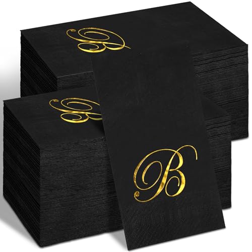 100 Pcs Initial Napkins Black and Gold Monogram Guest 3ply Napkins, B
