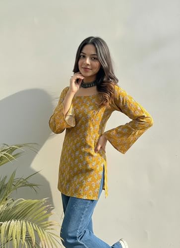 Image of ANNI Designer Women's Viscose Blend Printed Short Kurti | Straight Fit Casual Ethnic Top | Square Neck Full Sleeve Kurta Office College