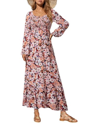 Dokotoo Maxi Dresses for Women 2026 Boho Floral Printed Long Sleeve Button Down Square Neck Smocked Casual Elegant Flowy A-Line Long Summer Dress Sundresses for Women Vacation Outfits Black Medium