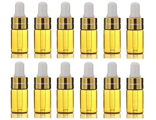 12 Pack Mini Amber Glass Essential Oil Bottles with Glass Eye Droppers and Gold Cap Empty Refill Cosmetic Perfume Aromatherapy Essence Liquids Vials Small Sample Trial Packing(3ML/0.1OZ)